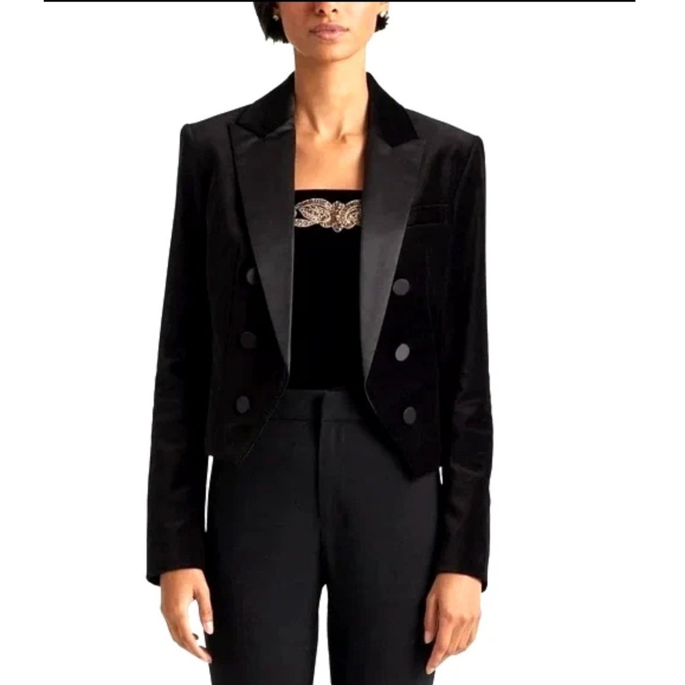 Lauren Ralph Lauren Black Velvet Cropped Tuxedo Jacket Satin Peak Lapel 14